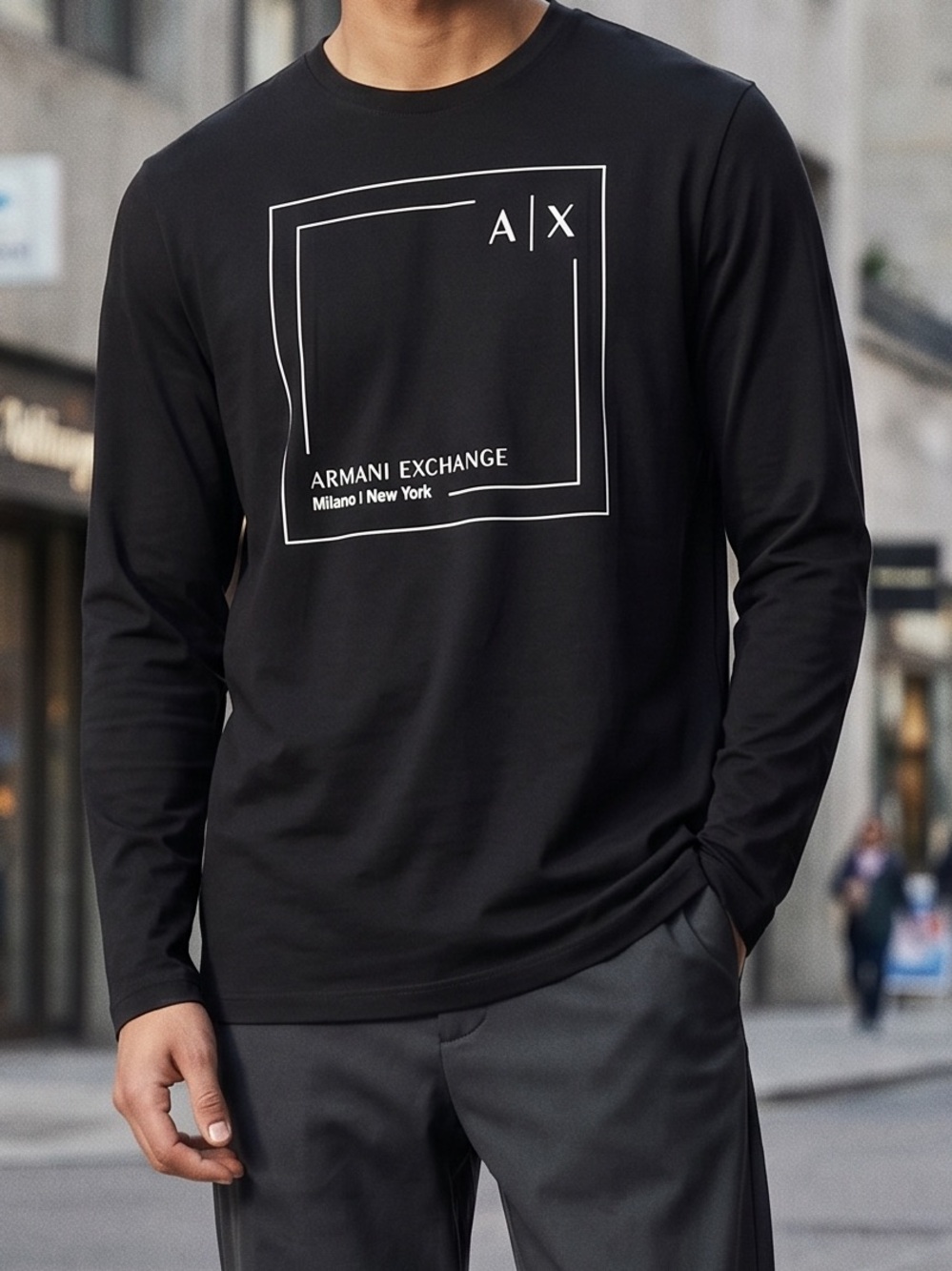 Armani Exchange Milano New York Box Logo Crewneck Sweatshirt Black Men's L